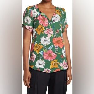 DR2- Green floral multicolor short sleeve blouse Size S